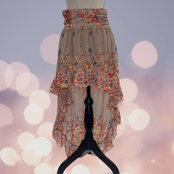 MILLAU Tan Multicolored Floral Print High Low Asymmetrical Ruffled Skirt - Picture 13 of 14